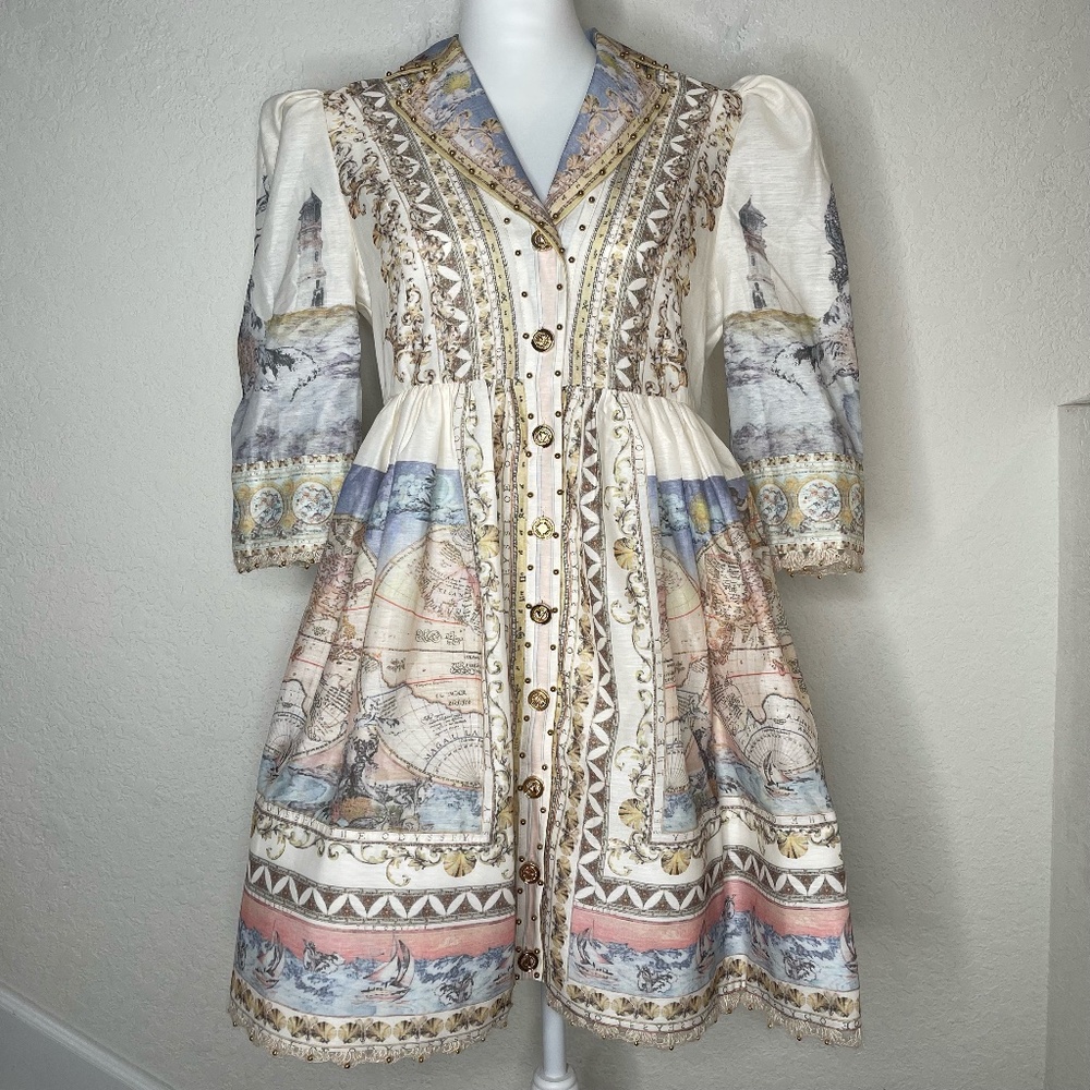 Miss Rosier Linen Blend Puff Sleeve Button Front Floral Mini Dress Sz L Multi